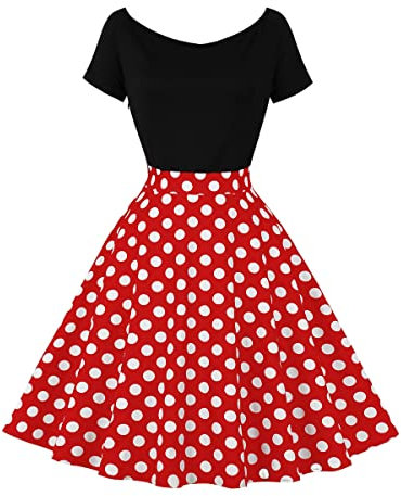 Odizli Rockabilly Kleider Damen Vintage Retro 50er Jahre Petticoat Kleid 1950er 60er Off Shoulder Polka Dot Gepunktet Swing A Linie Knielang Sommer Coctailkleid Festlich Kurz Abendkleid Rot XL