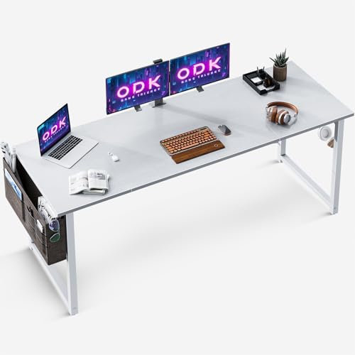 ODK Schreibtisch Weiß, 160x55x73,5cm Computertisch Schwarz Bürotisch mit Kopfhörer Halter und Aufbewahrungstasche, Arbeitszimmer Holz PC Tisch Officetisch für Home, Office