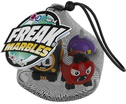 Freak Marbles Borsa con cordoncino in rete, 3 biglie con i loro disegni coordinati, colleziona, gioca e condividi, biglie mostruose per bambini dai 4 anni in su