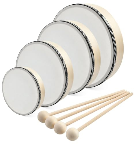 Akamino 4 Pack 4 Sizes Wooden Hand Drum Set,Wood Frame Drums with Drum Sticks,6/7/8/10 Inch Musical Instrument Percussion Drum for Rhythm Learning,Music Enlightenment