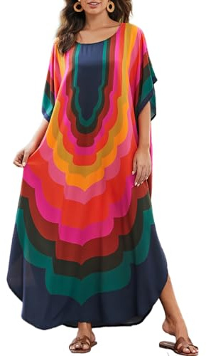 Bsubseach Vestido de playa para mujer, caftán turco, largo, para cubrir el traje de baño, A-colorido Geometría, Talla única
