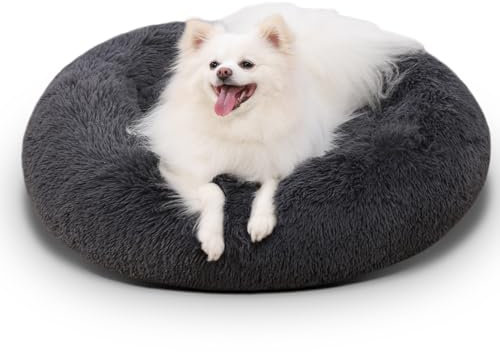 KSIIA Hundebett Flauschig, Katzenbett, Ø 75 cm Rund Donut Hundekissen Waschbar, Langer Plüsch Hundekorb Katzenkorb Katzenkissen für mittelgroße & kleine Hunde Dunkelgrau