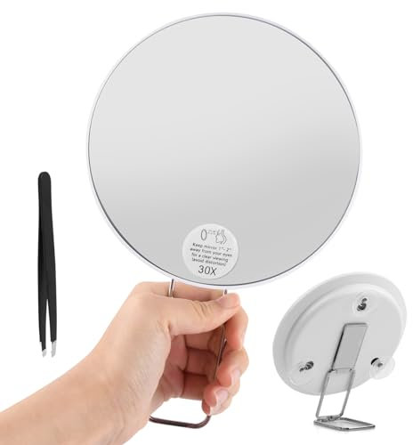 Vergrößerungsspiegel 30X, 6inch großer Schminkspiegel mit 30X Vergrößerung, 3 Saugnäpfe und 360° Verstellbarer Ständer für Hand-, Tisch- und Wandmontage, kompakter Reise-Lupenspiegel mit Pinzette