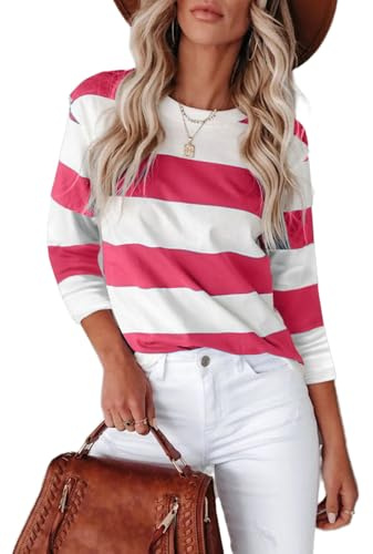Arevill Maglietta da donna con maniche a 3/4, girocollo, a righe, casual, basic top, rosso rosa e bianco, L