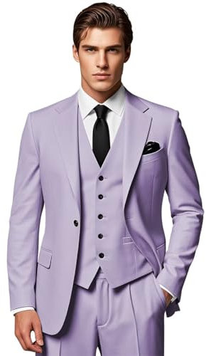SPTALLFITJSV Herren-Anzug-Set, schmale Passform, 3-teilig, für Hochzeit, Business, Abschlussball, Party, Ein-Knopf-Blazer, Weste und Hose, Smoking-Set, Flieder, XX-Large