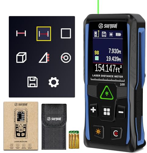 Green Laser Distance Meter – Digital Laser Measure with Angle Sensor, 4-Way Rotating Backlit LCD, Pythagorean Mode, Unit Switch, ±3mm Accuracy, Handheld Measuring Tool 165FT