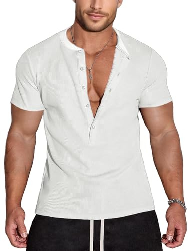Agilelin Hombres Henley Camiseta,Diseño de Gofre y 5 Botones,Shirts Cuello Redondo Manga Larga&Corta