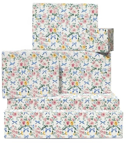 Blommigt presentpapper - 6 ark presentpapper - bröllopspresentpapper för män kvinnor brudgummen - vackra blommor tusensköna band - vitt presentpapper - med etiketter - återvinningsbar