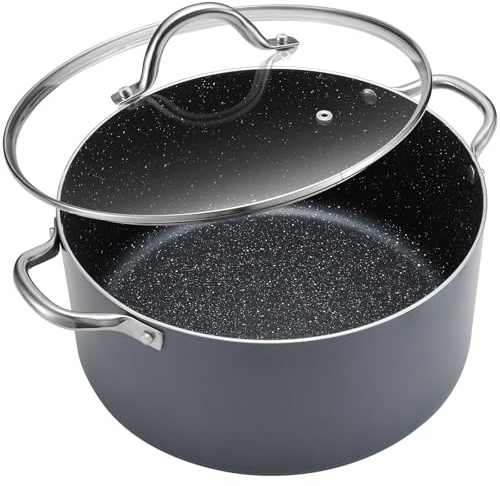 BEZIA 8 Quart Cooking Pot, Large Non Stick Induction Stock Pots with Lid, All Stove Compatible, 8 QT Aluminum Soup/Stew Pot For Families of 3–5, Grey
