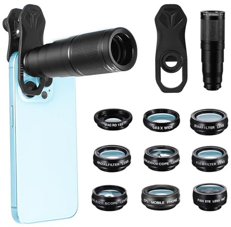 Objetivo para movil Universal, 10 en 1 Lentes Macro para movil, 22x Telephoto, 0.63x Wide, 15x Macro,198° Fisheye, Objetivo telefono,para la mayoría de Smartphones