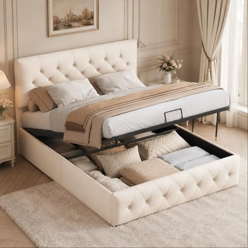 BRILVERDE Cama tapizada 160x200 con Almacenamiento hidráulico, Cama Doble, Cama Juvenil con cabecero y somier, Marco de Cama para Adultos, Terciopelo (Beige, 160x200 cm)