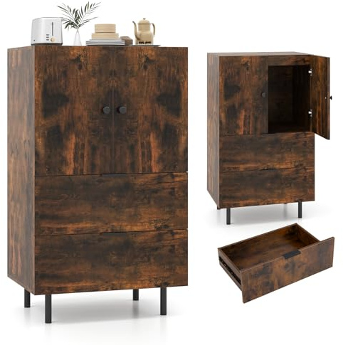 KOMFOTTEU Credenza da cucina, mobile a buffet con 2 cassetti e armadio con ante, armadio con gambe in metallo, per soggiorno, sala da pranzo, corridoio, 60 x 42 x 102 cm (marrone)
