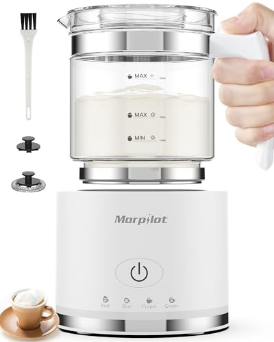 Morpilot Espumador de Leche Eéctrico,500 ml, Calentador de Leche 4 en 1 para Leche Caliente y Fría, Apto para Lavavajillas, Diseño Latte, 600 W, Blanco