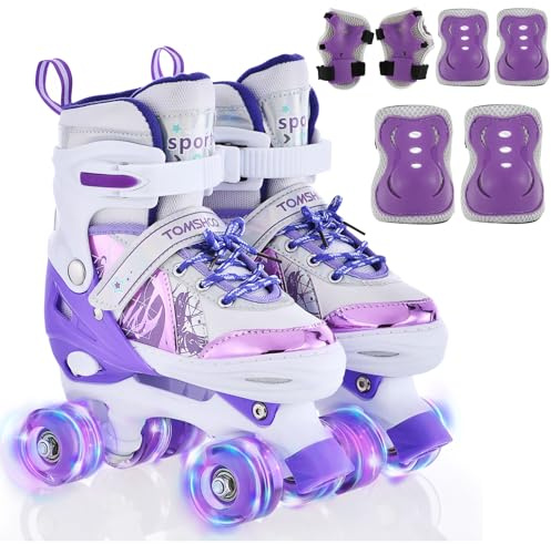 TOMSHOO Pattini a rotelle per ragazze, pattini in linea per bambini, ragazze, con luci a LED luminose, pattini in linea per bambini, misura regolabile, per principianti, bambini, regalo