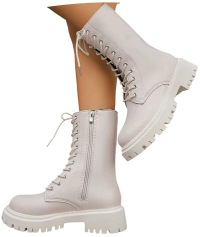KBOPLEMQ Botas de goma para mujer, de piel, botas de invierno, clásicas, cálidas, con cordones, con cremalleras laterales, felpa cálida, botas altas con tacón de bloque para cordones, botas de otoño