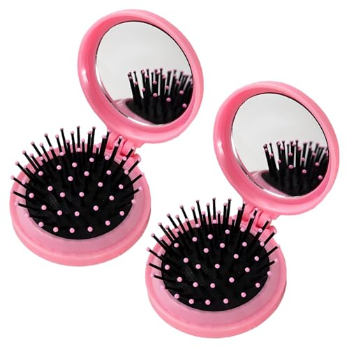 Xynovate 2 Pezzo Spazzola per Capelli da Viaggio con Mini Specchio, Pieghevoli Spazzola Pettine per Massaggi -Tascabile For Women and Men, Palestra, Viaggi, Borsa, Nuoto,Rosa