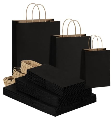 Eupako Black Gift Bags with Handles Assorted Sizes Kraft Paper 75 Pcs Bulk