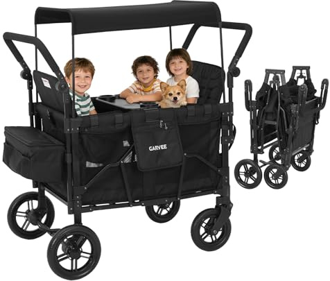 Garvee 4 Seater Stroller Wagon, Premium Quad Stroller Wagon for 4 Kids, Adjustable Push/Pull Handles, All-Terrain Casters, Removable Canopy & Flat Fold, Black