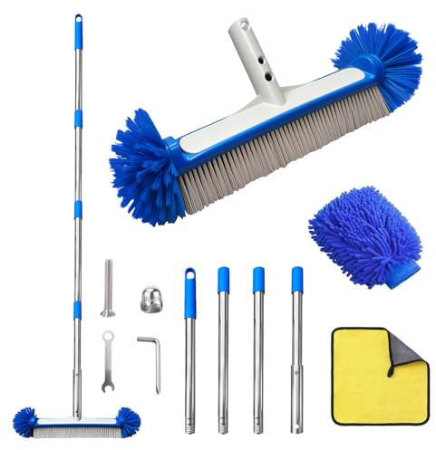 Spazzola per Piscina con Manico Lungo 160 cm, 43cm Spazzola per Piscina Arrotondate, Scopa per Piscina per Pareti, Piastrelle e Gradini Della Piscina con Panno per la Pulizia e Guanto in Microfibra