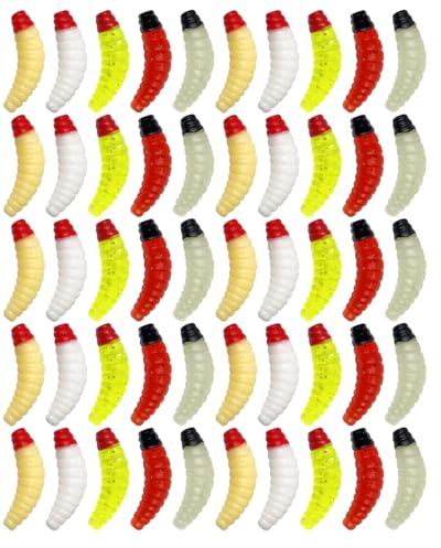 HAPZUR Leurres de Simulation, 50 Pièces Vers en Plastique, Artificiels pour Souples, Appât Respectueux de l'Environnement, Forte Tentation, Convient Eau Douce, Salée, Truite de Lac, Pêche sur Glace