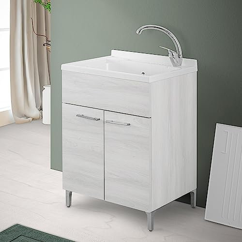Inbagno Lavatoio con mobile e vasca in Resina resistente agli acidi, Completo di ASSE di Lavaggio e Kit sifone + piletta (60x50 cm 2 Ante, Bianco Venato)