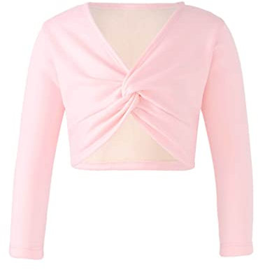 FEESHOW Kinder Mädchen Ballett Wickeljacke Langarm Wärme Samt Fleece Ballettjacke Gymnastik Tanz Strickjacke Pullover Top Ballettkleidung Rosa 134-140