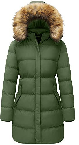 WenVen Women's Winter Warm Thicken Long Coat Warm Quilted Jacket with Faux Fur Removable Hood Army Green XL