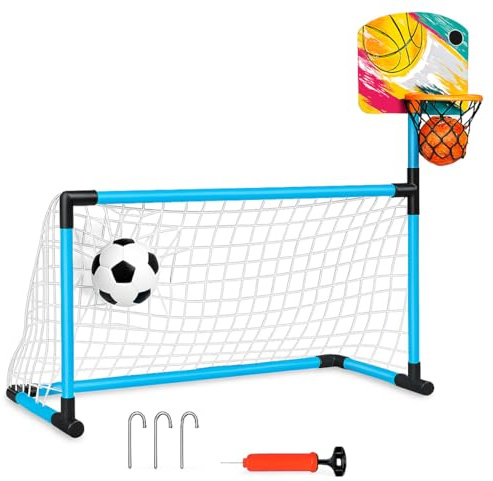 Xwin Sportseries 2-in-1 Kids Football Goal and Basketball Hoop Set with Mini Football, Basketball, and Pump for Indoor & Outdoor Garden Fun for Boys and Girls Ages 3+ Years