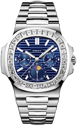 PINDU Men's Luxury Diamond Case Navy Blue Analog Tourbillon Watch Stainless Steel Strap Square Mechanical Watch 24 Hours of The Week Moon Phase Month Display