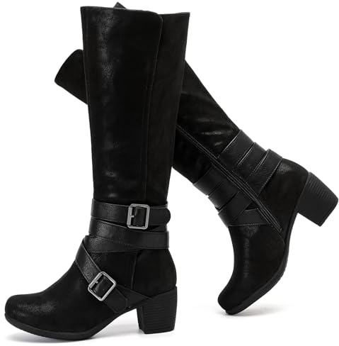 Ruiee Women's Knee High Boots Fashion Comfort Chunky Heeled Tall Boots Classic Pointed Toe Fall Winter Low Mid Heel Long Boots for Women.230304 Black ZPU UKsize6.5