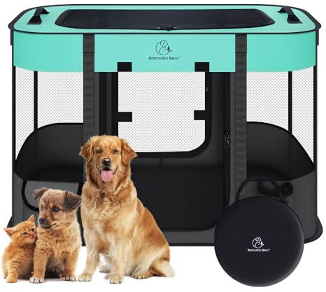 ROMANTIC BEAR Welpenauslauf Hundebox Faltbar Wasserdicht Tierlaufstall Abnehmbar Transportbox Freigehege für Katze Kaninchen Haustier mit Tragbar Handtasche,Hund Laufgitter für Camping Reisen M