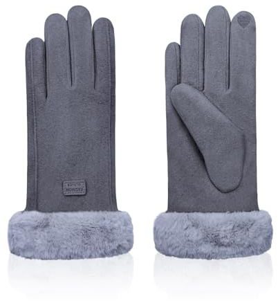 Feelorna Women Winter Gloves, Windproof Plush Cuffs Thermal Touchscreen Gloves Fleece Lined Warm Glove for Outdoors Driving Cycling (Grey)