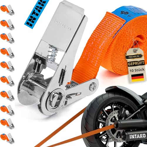 INTAKO 10 Stück Spanngurte mit Ratsche (4m oder 6m) - 800kg 25mm - TÜV & DIN Geprüft - Spanngurt, Zurrgurt Klein Einteilig - Ratschengurt für Motorrad
