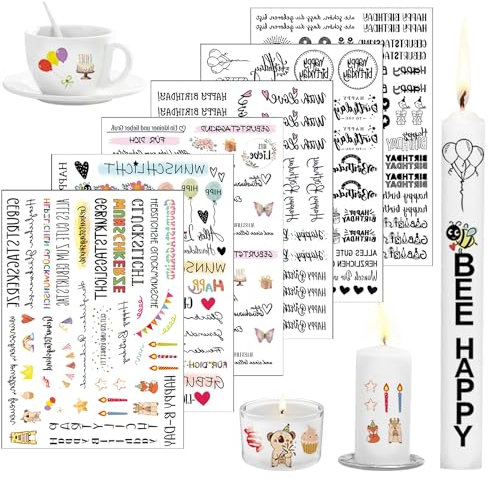 Kerzentattoos geburtstag, 6 Stück Geburtstag Kerzenfolie, Wasserschiebefolie Kerzen, Kerzentattoos, Kerzenfolie, Kerzentattoo Wassertransferdruck, für Kerze Tasse DIY Geschenk, Kerzen Dekorieren