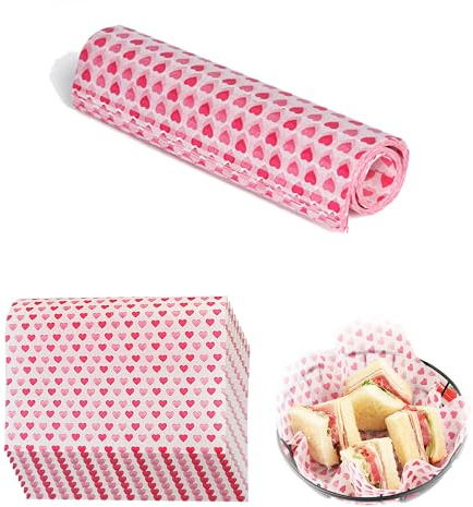 50 Fogli di Fogli di Carta Cerata Impermeabili, Carta da Regalo per Cottura, Carta Oleata con Motivo a Cuore, Carta da Regalo per Burger, Carta da Imballaggio Alimentare, per Salumi, Panini, Torte