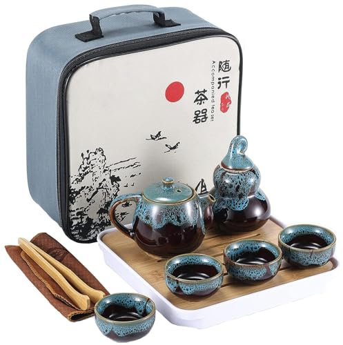 Chinesisches Kongfu Tee Set, Tragbares Porzellan Reise Teeservice mit Teetasse, Teekanne, Teematte Bambus Tablett, Teeklammer, Geschirrtuch und Tragetasche Geeignet für Reisen, zu Hause, im Freien