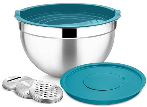 Joyfair Saladier mélangeur en acier inoxydable de 4,5 l avec couvercle hermétique et couvercle amovible, bols avec 3 râpes pour pâtisserie, cuisiner/préparer, passe au lave-vaisselle, bleu