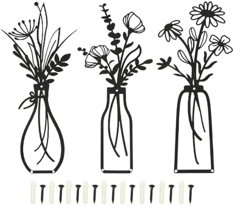 Suerhatcon 3 Stück Metall Blumen Wanddekoration, Metallbilder Wandkunst Dekor für Schlafzimmern Wohnzimmern Badezimmer Fluren (Schwarz)