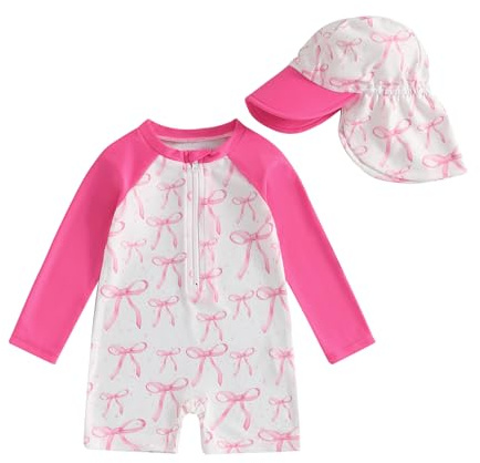 Geagodelia Toddler Baby Girl Swimsuit and Hat Zip Up Long Sleeve All in One Swimming Costume UV Sun Protection Swimwear One Piece Swimming Suit Rash Guard Sunsuit (Bows Bright Rose, 6-12 Months)