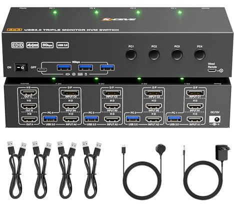 KVM Switch 3 Monitores 4 PC 4K@60Hz Simulación EDID, 2 HDMI+Displayport KVM Switch Triple Monitor para 4 PC Share 3 Monitor y 4 Puertos USB 3.0 Teclado Ratón Impresora, 4 cables USB Incluidos