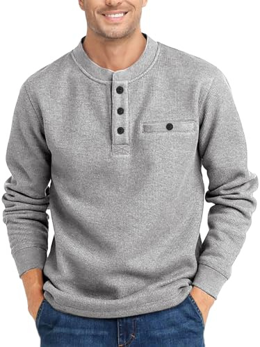 Elainone Henley Long Sleeve T Shirt Mens Waffle Fashion Casual Henley Long Sleeve Men Three Button Pullover Tops with Pocket Grey