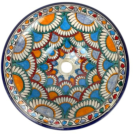 Lavabo marroquí de cerámica pintada a mano, 40 cm, diseño floral azul y naranja, para empotrar o apoyar