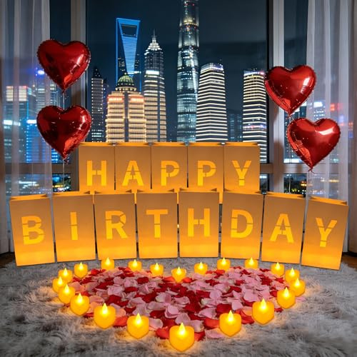 LACGO Decorazioni di compleanno, cartello di buon compleanno, lettere luminose con 13 sacchetti luminari, 24 lumini, 1000 petali di rosa rossi e rosa, striscione di buon compleanno, set sorpresa per