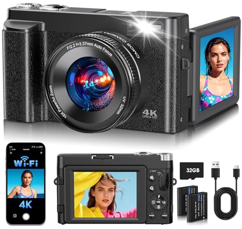 4K Digital Camera for Photography, 2026 Latest WiFi 64MP Vlogging Camera for YouTube with 180° flip Screen, Autofocus Anti-Shake, 16X Zoom, Compact Travel Camera, 32GB Card, 2 Batteries, Black