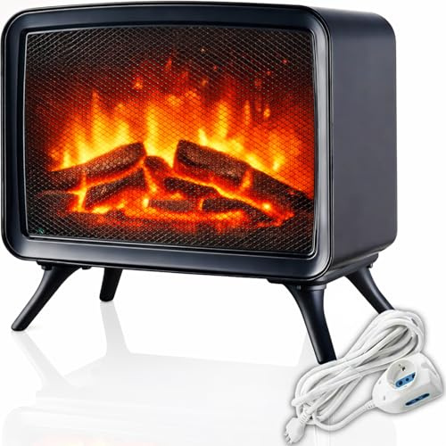 Stufa Caminetto Elettrico da Tavolo 800/1600W + Prolunga in regalo – Camino Elettrico Effetto Fiamma Realistico, Stufa Elettrica da Interno a Basso Consumo, Termostato Regolabile, 34x18x30 cm