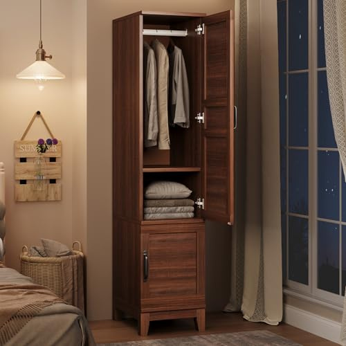 GarveeHome Armoire Wardrobe Closet with 2 Doors, Wooden Wardrobe Cabinet with Hanging Rod, 72 in Narrow Tall Clothing Armoire Cabinet with 18 Adjustable Shelves for Clothes, Bedroom, Walnut