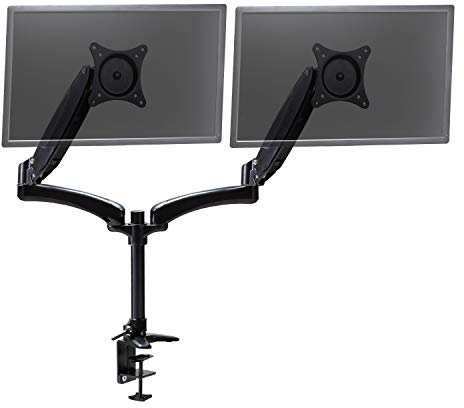 Gaming Dual Monitor Full Motion Arm Stand – Gas Spring Computer Desk Mount – VESA – Fully Adjustable Height With C-Clamp Base, Holds Two 15-27” LCD Screens – Stack Or Elevate – Cable Management