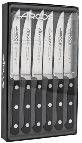 Arcos Juego de Cuchillos Chuleteros con Hoja de 120 mm en Acero Inoxidable y Mango de Polioximetileno. Set de Cuchillos de Mesa para Carne en Estuche. Serie Clásica. Color Negro