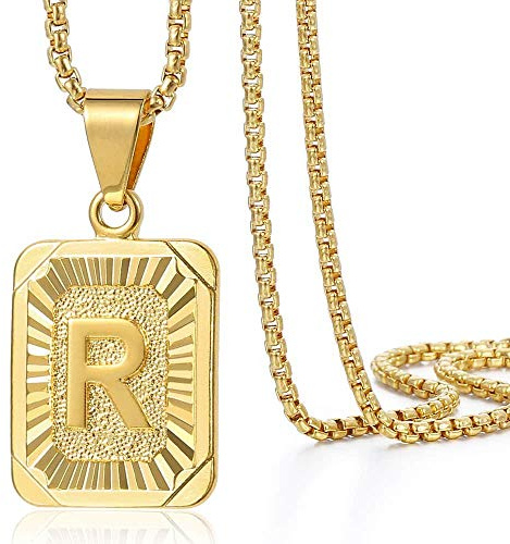 Trendsmax Initial Letter Pendant Necklace for Mens Womens Gold Plated Letter R Pendant Necklace Stainless Steel Box Link Chain 22inch