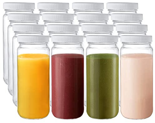 Suwimut 16 Pack Glass Drinking Bottle Mason Jar, 16oz(500ml) Reusable Wide Mouth Glass Water Bottle with Plastic Airtight Lids for Juice, Smoothies, Tea, Milk Bottles, Homemade Beverages